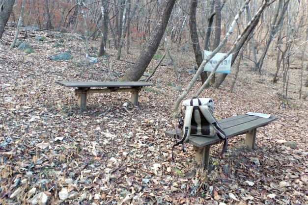 숲속 쉼터 등받이 없는 의자 2&#44; 벗어놓은 배낭&#44;
