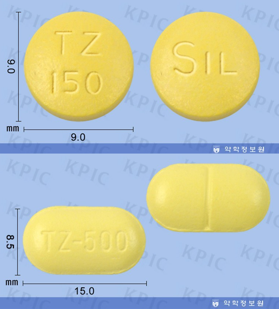 티니다진정은 150mg과 500mg이 있다.
