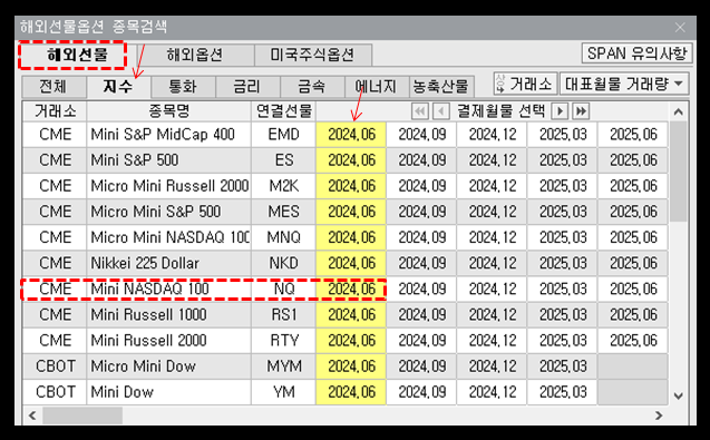 해외선물 종목 검색 화면