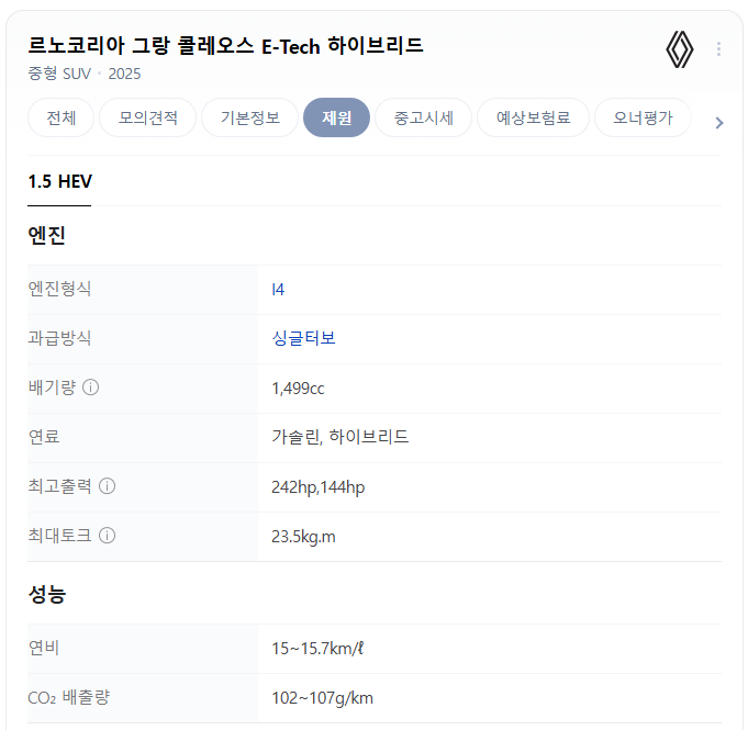 2025 그랑 콜레오스 E-Tech 하이브리드&amp;#44; 제원은 어떨까요?