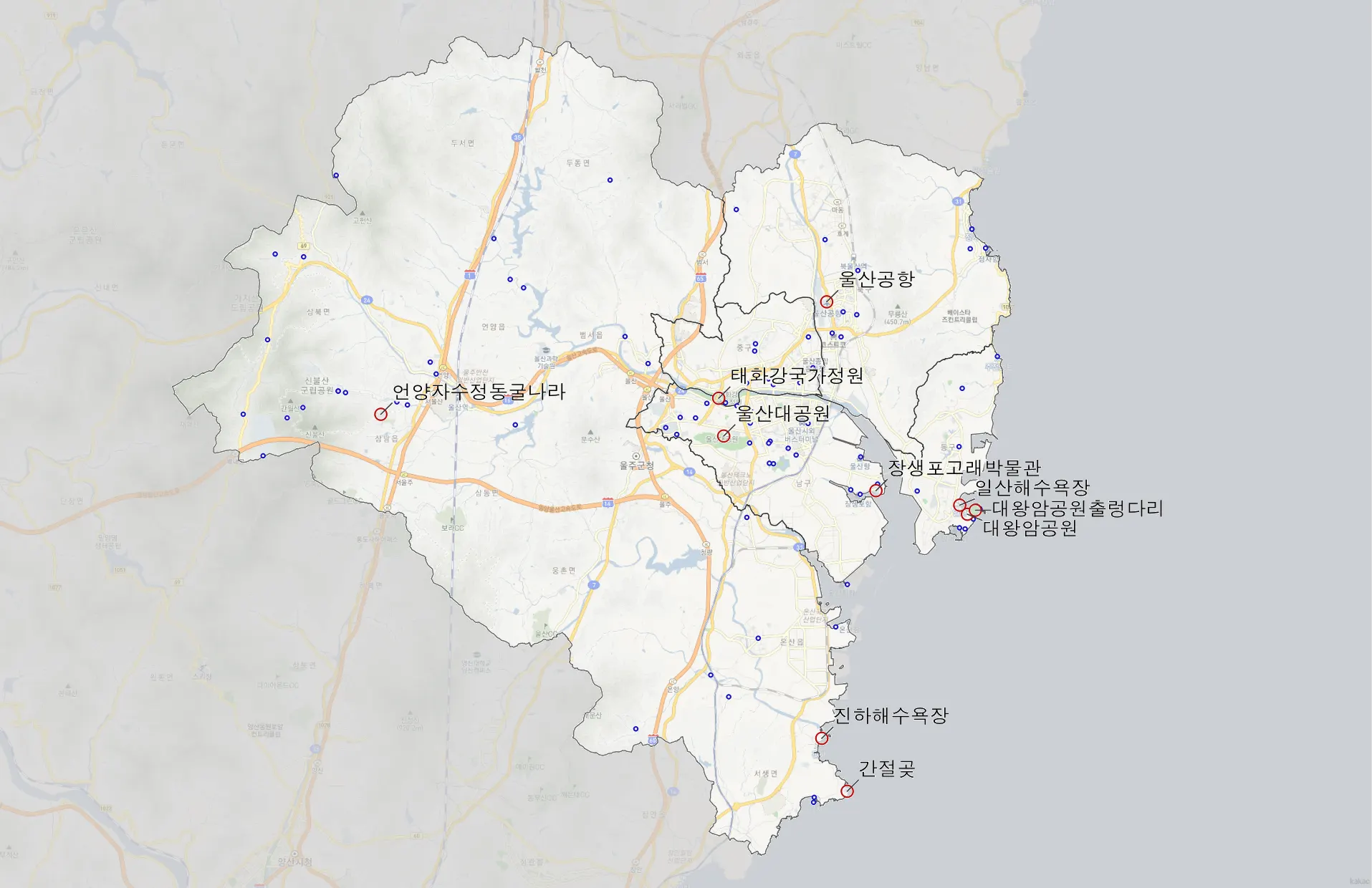 울산 관광지 상위 100곳 위치도