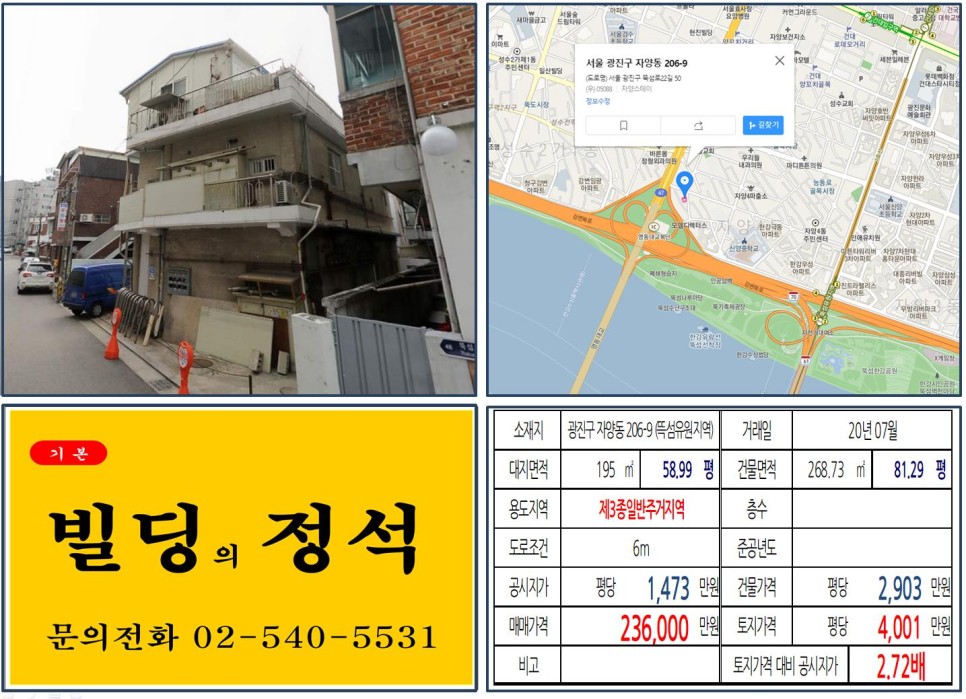  [광진구 뚝섬한강공원 20억 신축부지 실거래가 조회] 자양동 206-9 (뚝섬유원지역) 23억 6,000만 원, 평당 4,001만 원 매매되었습니다.