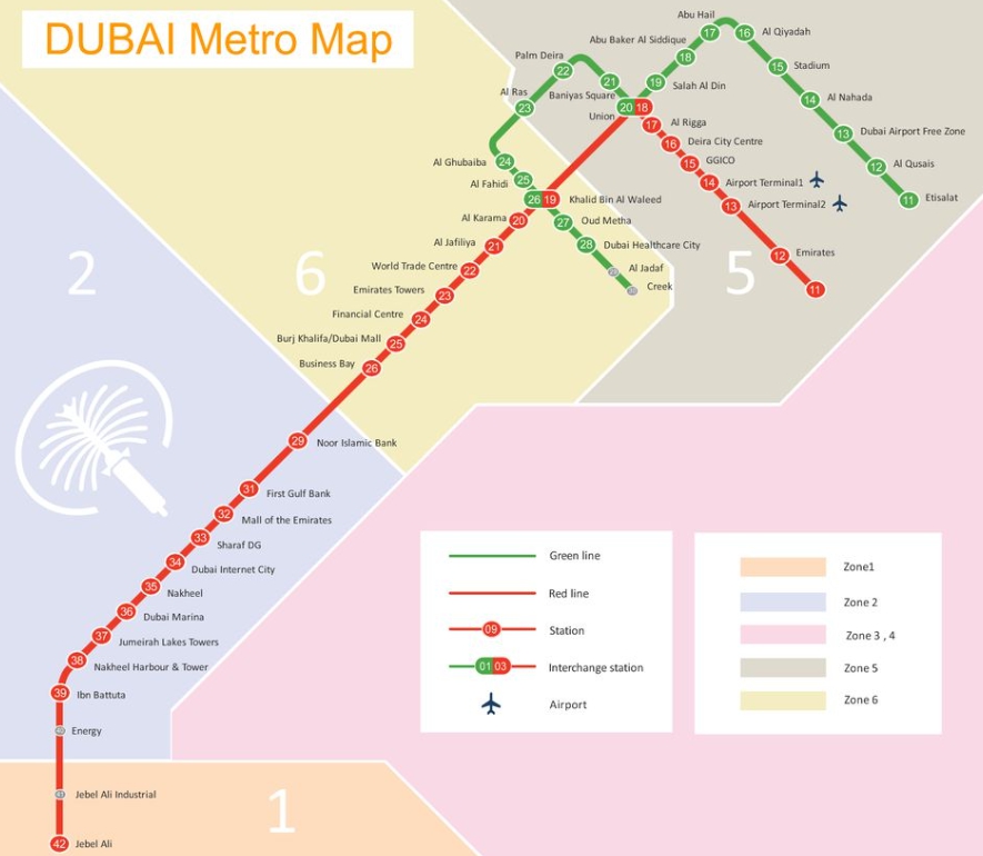 두바이 지하철 노선도를 나타낸 이미지이며&#44; 약 45개의 역으로 구성되어 있습니다.