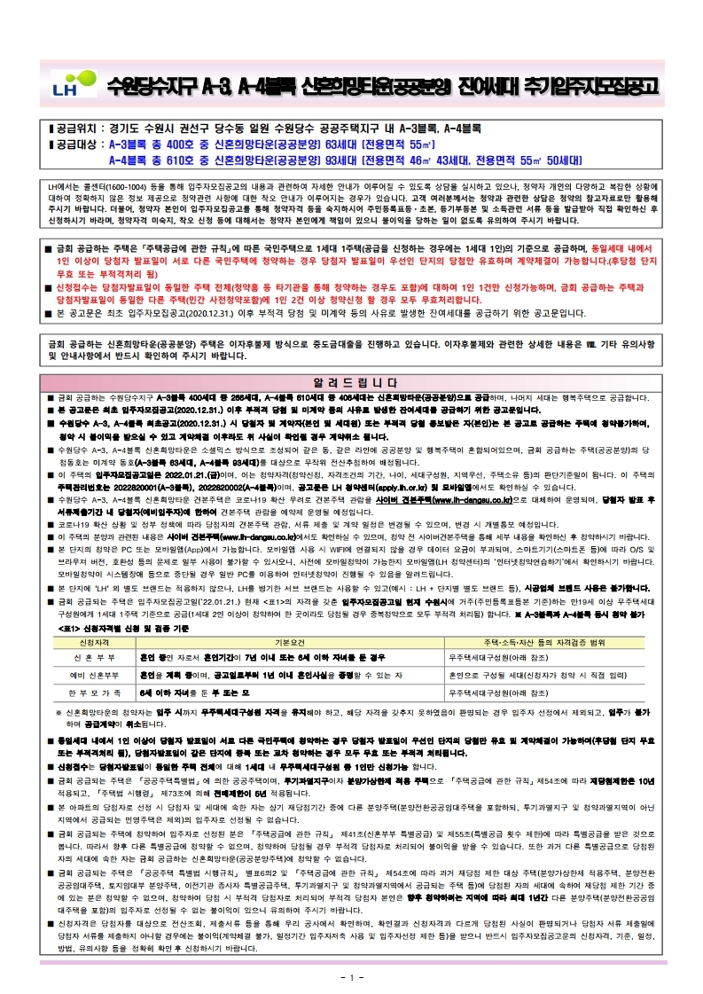  수원 당수지구 A-3, A-4블록 신혼희망타운(공공분양) 잔여세대 추가입주자모집 공고문