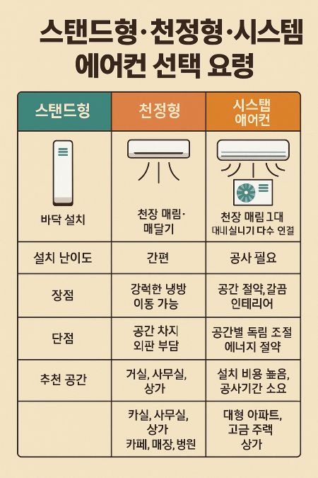 스탠드형, 천정형, 시스템 에어컨 선택 요령 인포그래픽, 설치 형태·설치 난이도·장점·단점·추천 공간 항목별 비교표.