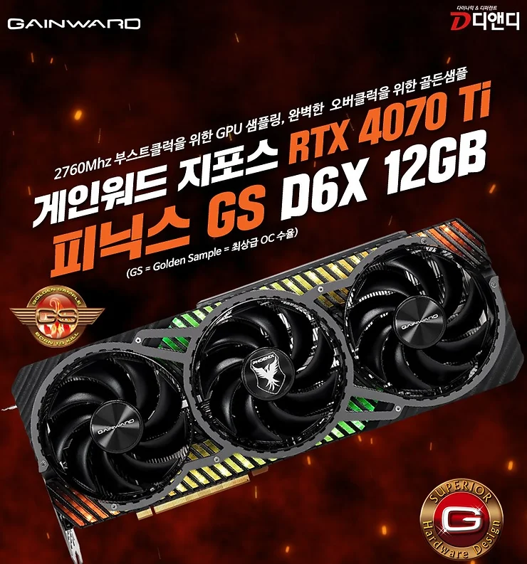 2760MHz 클럭의 골든샘플! 게인워드 RTX 4070 Ti 피닉스 GS D6X 12GB 출시