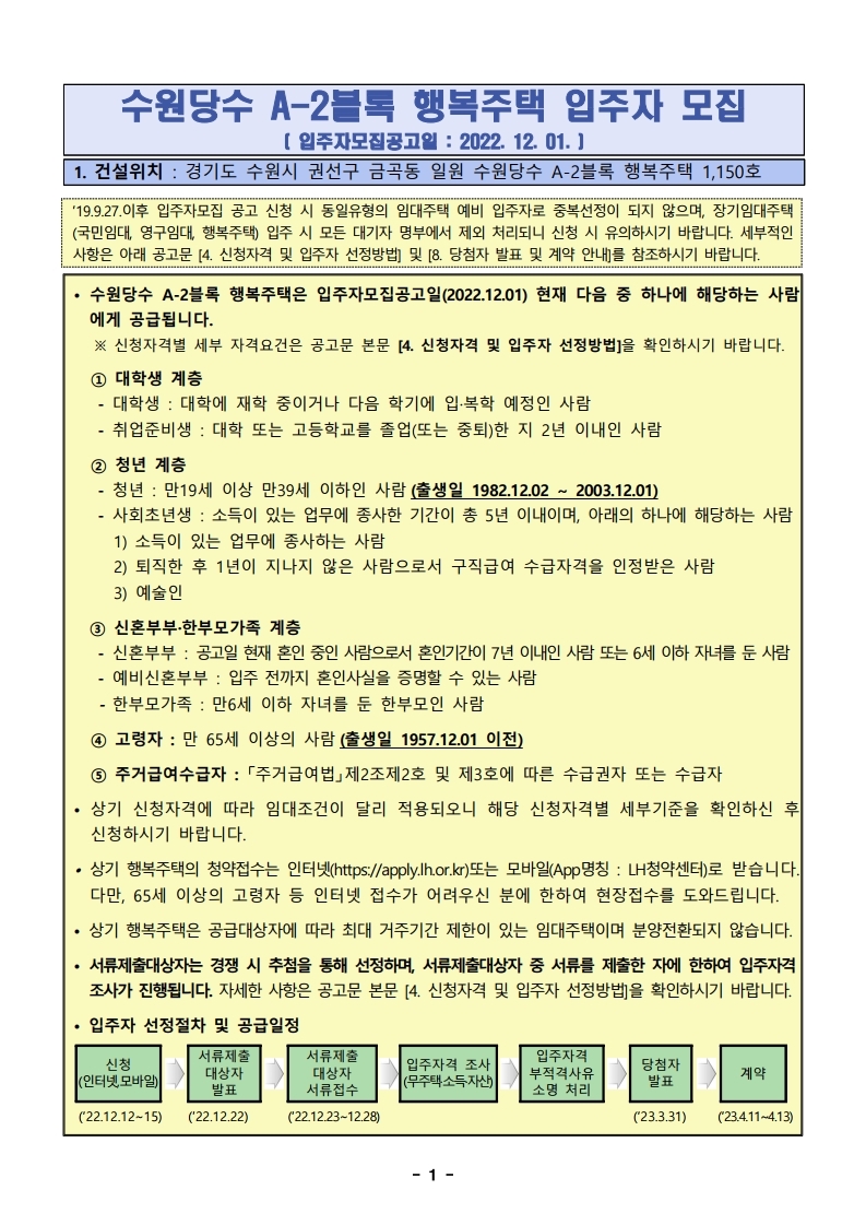  수원당수 A-2블록 행복주택 입주자 모집 공고문