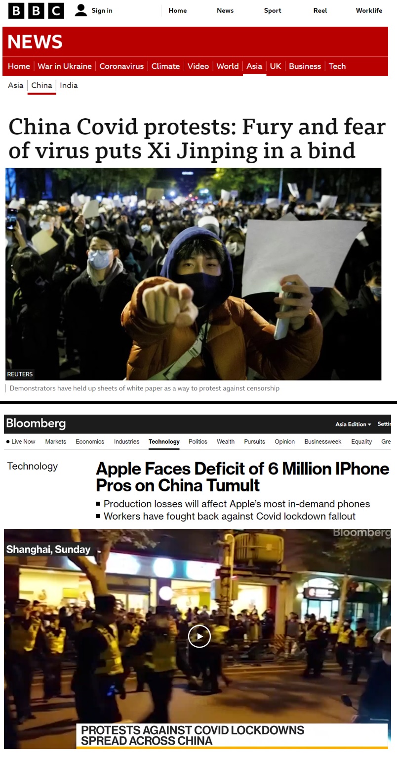 봉쇄정책에 반발하며 시위하는 중국인&#44; 애플의 아이폰 생상량 감소 예정