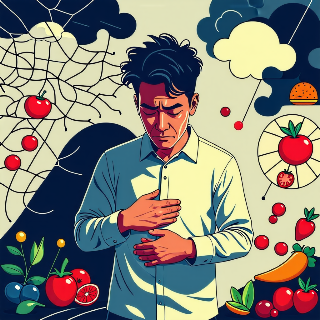 스트레스로 배를 움켜쥐는 사람, 장 건강과 스트레스의 관계를 표현하는 개념적 이미지