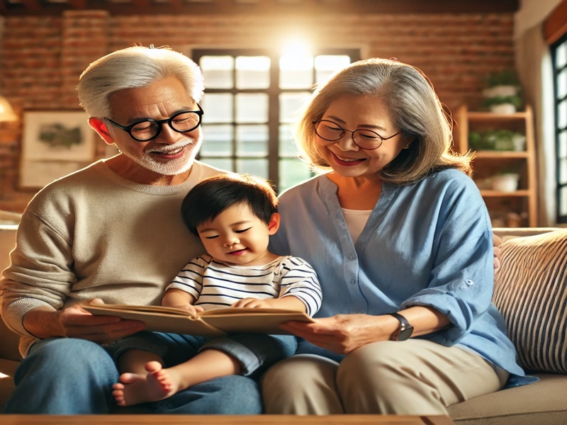 조부모가 손주와 함께 거실에서 책을 읽으며 따뜻한 시간을 보내는 모습 – 가족이 함께하는 행복한 육아 장면