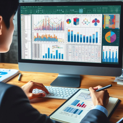 여러 개의 그래프와 데이터 분석 중인 사무실 장면입니다.