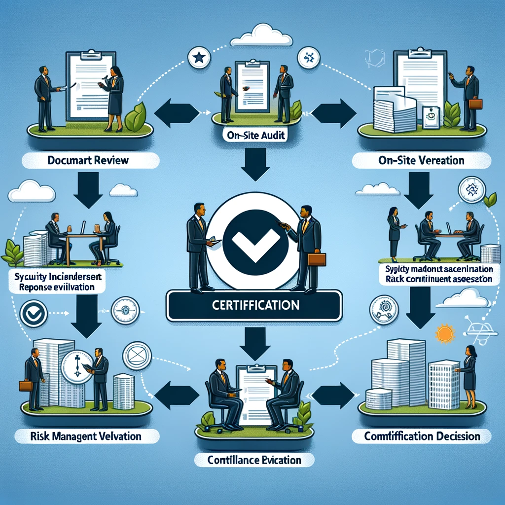 An illustration of the ISMS-P certification process&#44; showcasing various stages such as document review&#44; on-site audit&#44; interviews&#44; system and process