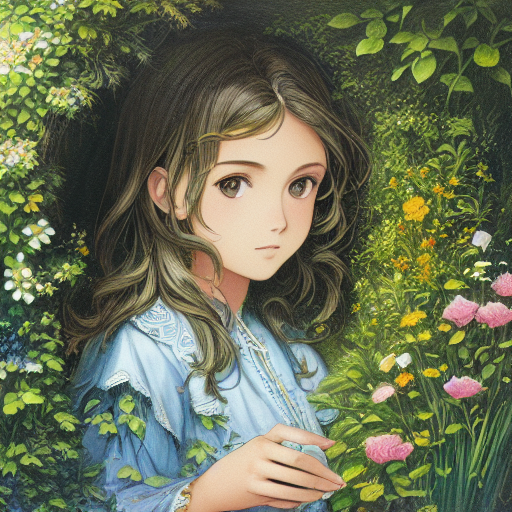 정원에서 기품이 넘치는 소녀가 꽃과 어울어져 있는 그림