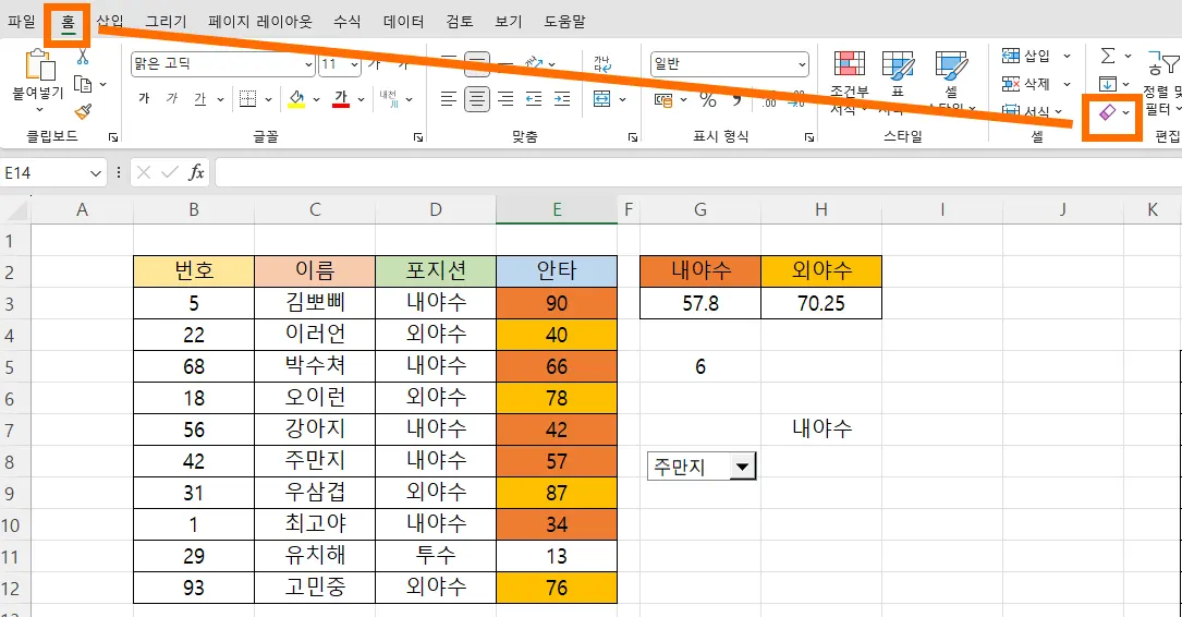 엑셀 홈 메뉴에서 지우기 메뉴 선택 화면