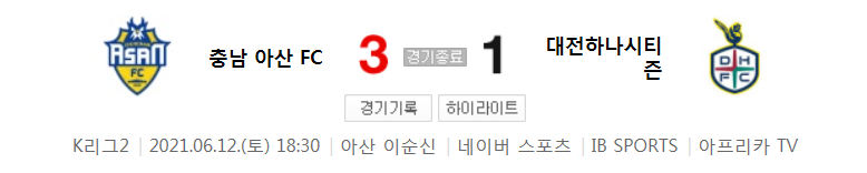  K리그2 / 국내축구 - 충남 아산 VS 대전 (3 - 1) 2021시즌 16라운드 하이라이트 (2021년 6월 12일)