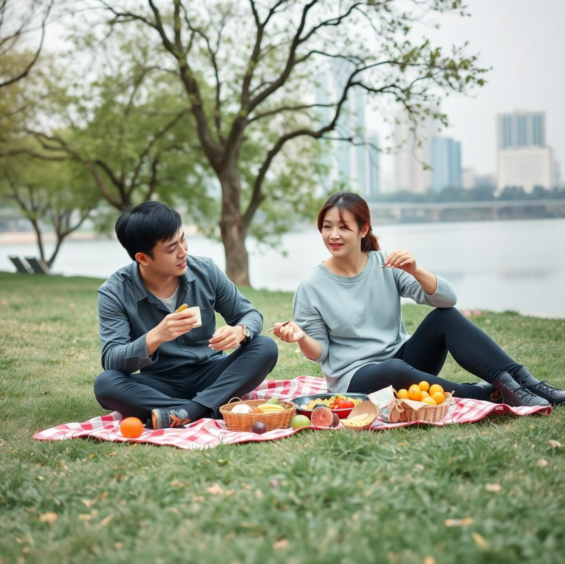 한강변 연인들이 도시락을 먹는모습