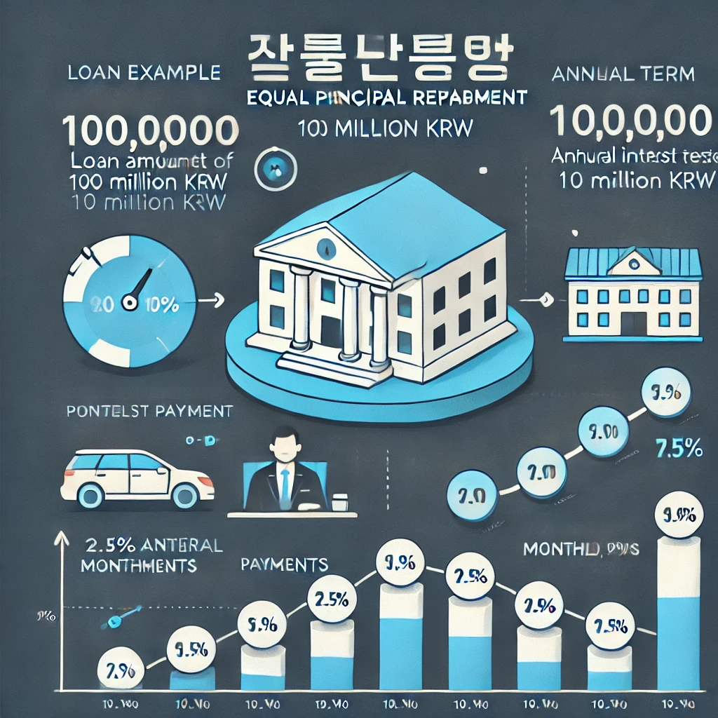1억 원 대출, 10년 만기, 연 2.5% 적용 시 초기 높은 월 납입금과 점진적 감소를 설명하는 인포그래픽