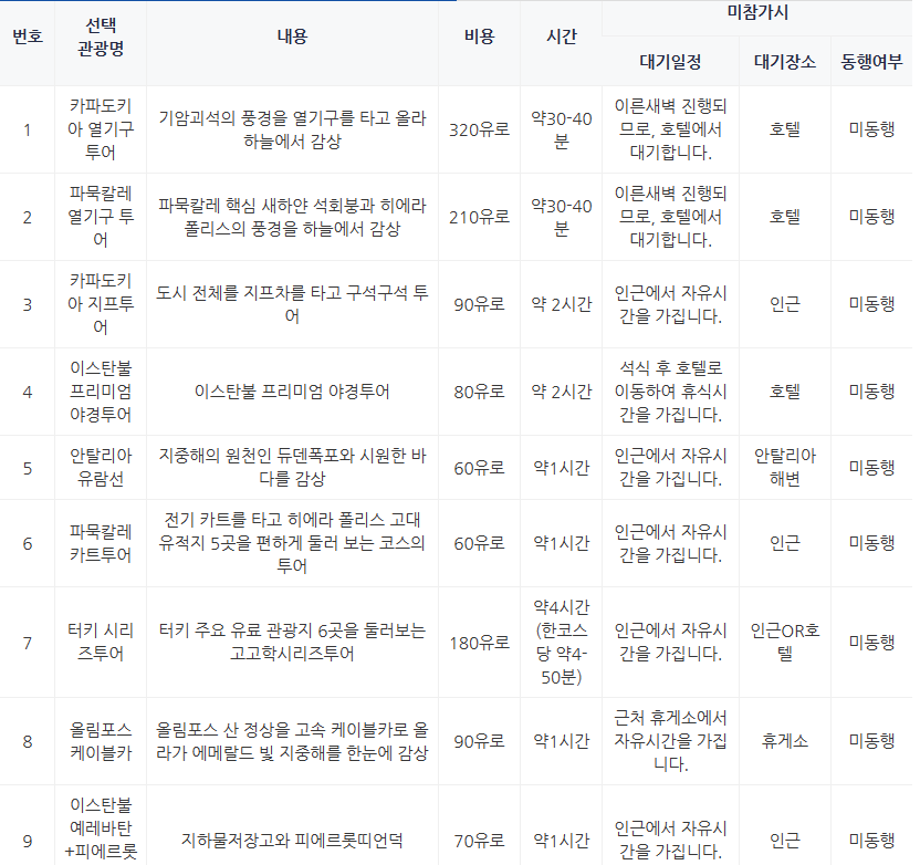  참좋은 여행 터키 패키지 선택 관광 관련 정보