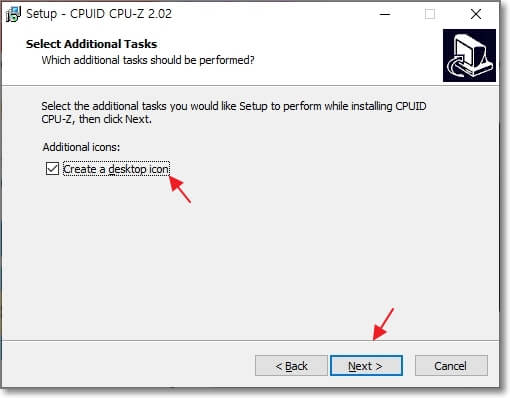 바탕화면 바로가기 아이콘을 만드려면 "Create a desktop icon"에 체크하면 된다는 것을 표시한 사진입니다.