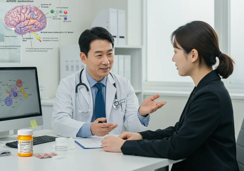 의사가 환자에게 ADHD 약물에 대해 설명하는 장면. 의사는 신뢰감 있는 표정이고, 배경에는 뇌 신경전달물질 구조 그림이 보인다. 약병에는 '처방전 필요' 경고 라벨이 붙어 있다.