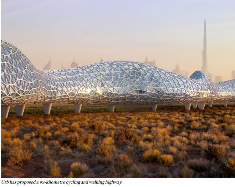 &quot;두바이를 지구상에서 가장 연결된 도시로&quot;...93km 사이클링 고속도로 제안 VIDEO: Urb proposes 93-kilometre cycling highway &quot;to make Dubai the most connected city on earth&quot;
