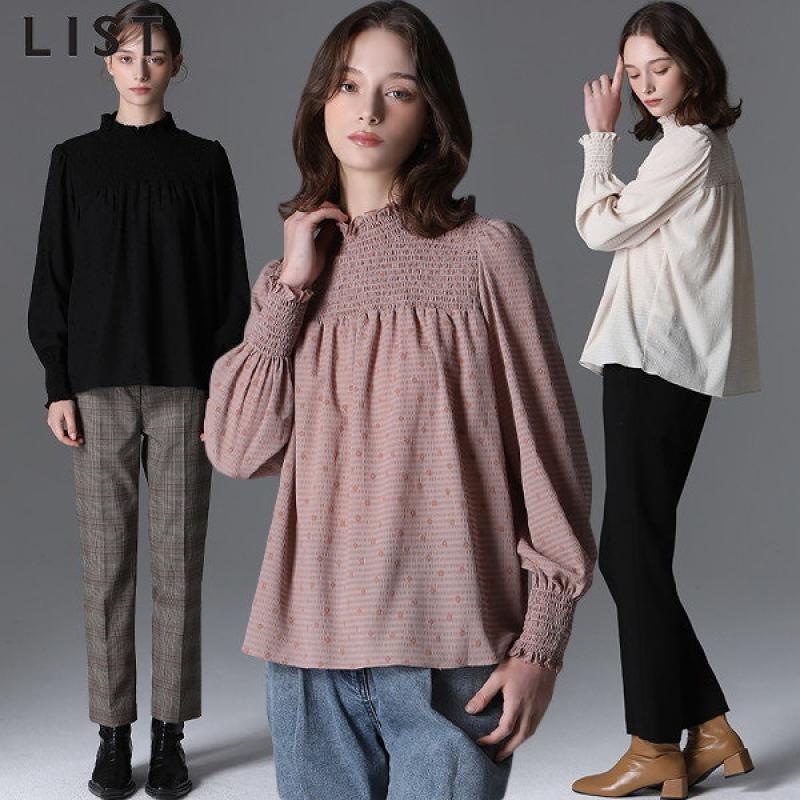 리스트 도트 스모킹 하이넥 블라우스