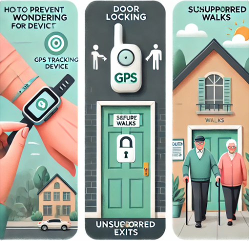 치매 환자의 배회 행동 예방 방법
GPS 기기 착용 (왼쪽)-보호자가 환자의 손목에 GPS 위치 추적 밴드를 착용시켜주는 장면.
문 잠금 장치 (가운데)-출입문에 설치된 잠금 장치와 ‘외출 주의’ 표지판이 보이는 장면.
산책 일정 (오른쪽)-보호자와 환자가 안전하고 익숙한 장소에서 함께 걷는 모습.