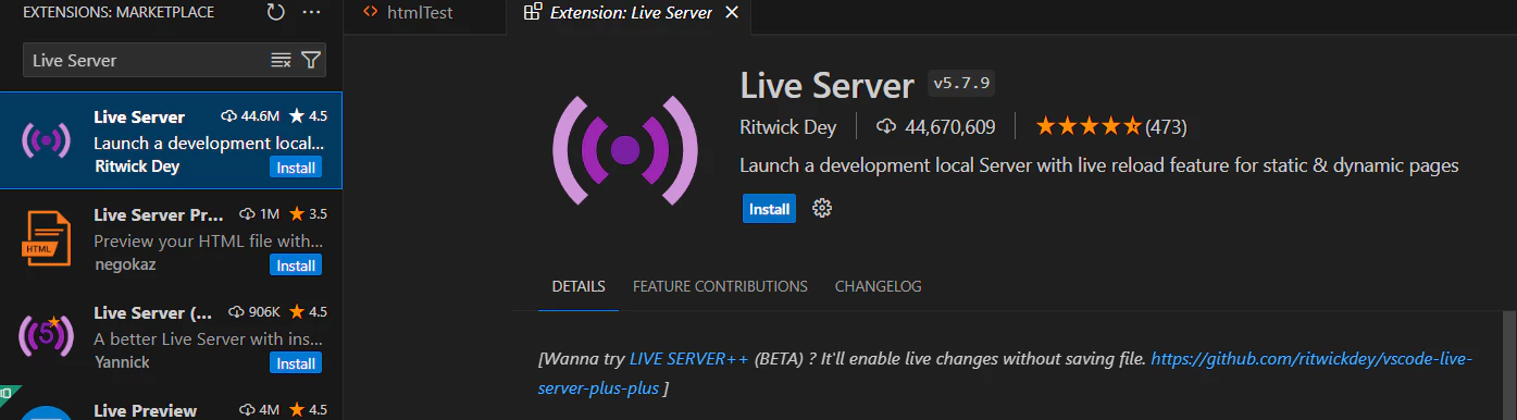 Live Server 검색 후 설치