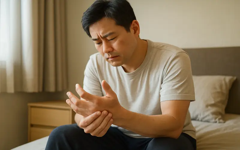 손 저림 증상으로 손목을 만지는 40대 한국 남성