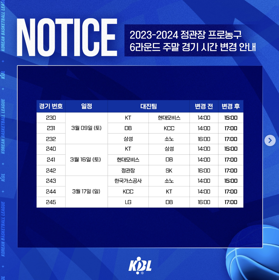 2023-2024 정관장 프로농구 6라운드 주말 경기 시간 변경 안내입니다. 출처는 KBL입니다.