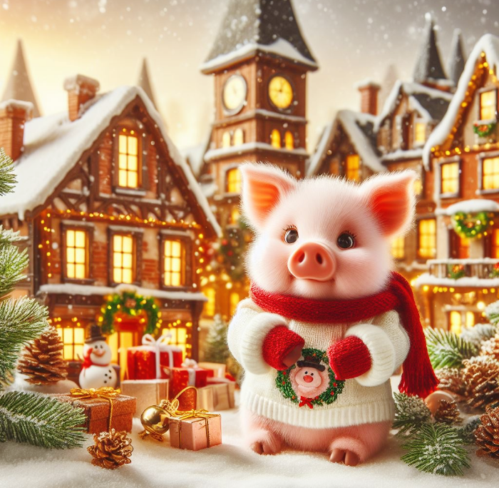 섣달그믐과 새해 인사를 드리는 아기 돼지의 모습이에요 빨간 목돌이와 털실로 짠 스웨터를 입고 있어요. 뒤에는 불이 켜진 집들과 작은 선물 상자등도 보이고 눈사람도 있어요