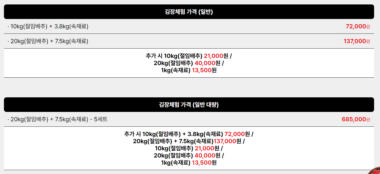 드라이브 스루 김장 가격안내