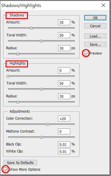 섀도우 하이라이트 옵션