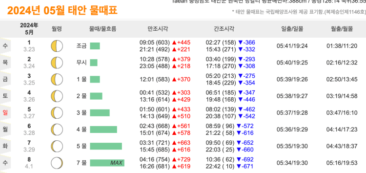 태안 5월 갯벌 물때 시간표(몽산포, 보령)