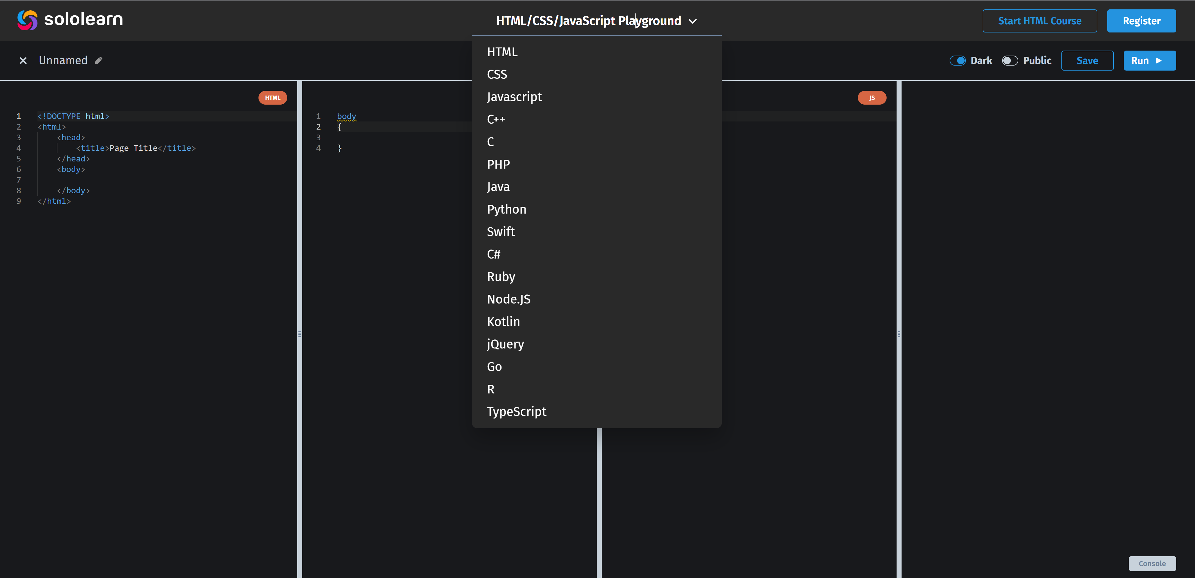  웹에서 코드 실행하기 - Html, Css, Javascript, C++, C, PHP, Java, Python, Swift, C#, Ruby, Node.JS, Kotlin, Jquery, Go, R, TypeScript