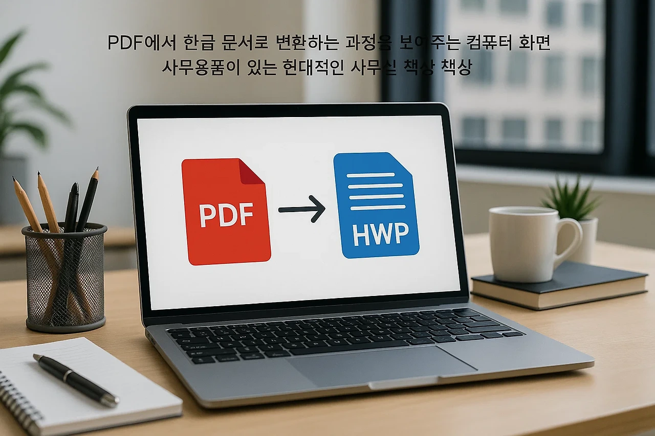 PDF에서 한글 문서로 변환하는 과정을 보여주는 컴퓨터 화면과 사무용품이 있는 현대적인 사무실 책상