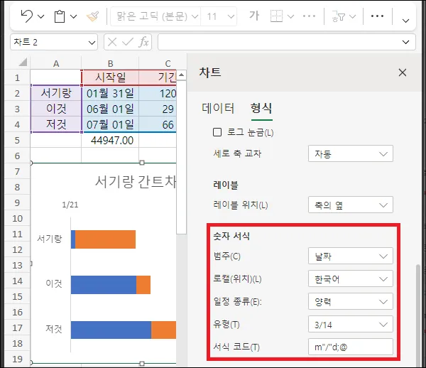 차트 숫자 서식 날짜로 변경