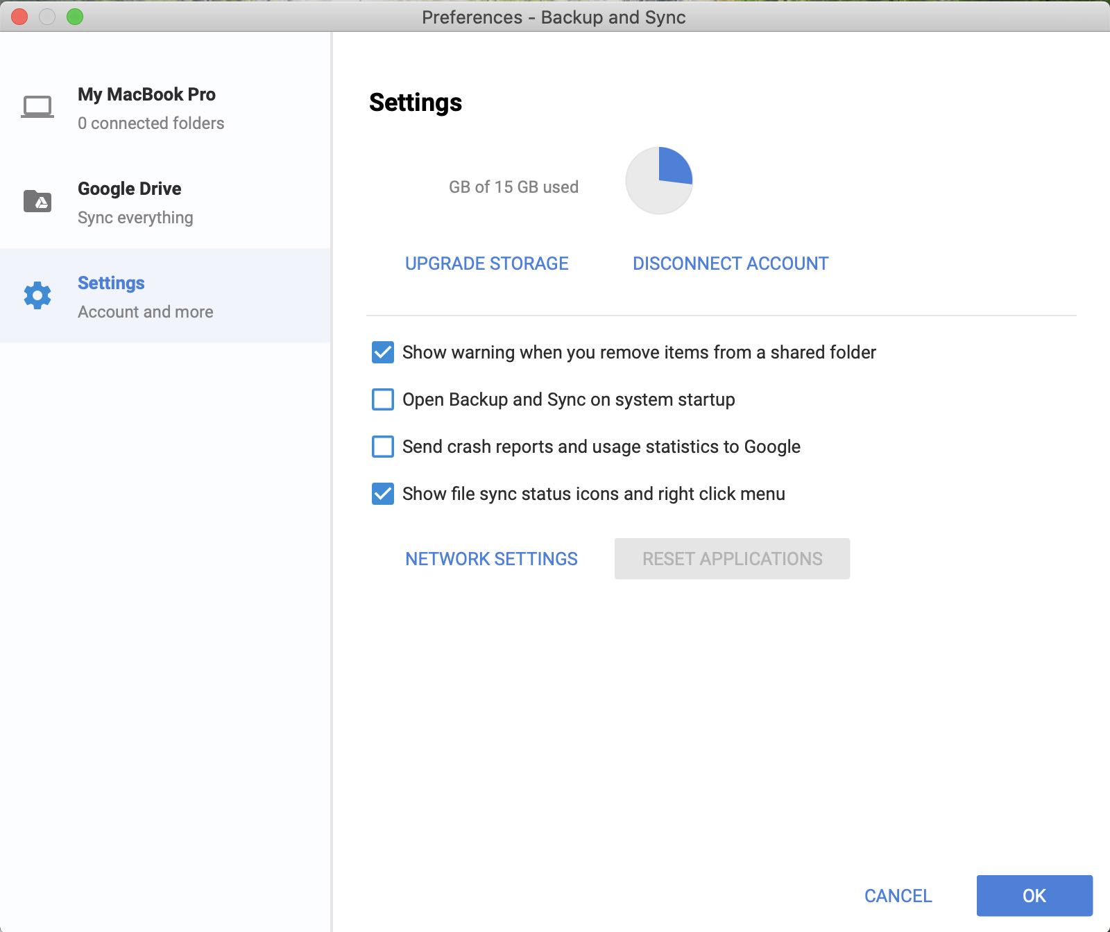 screenshot of preferences for Google drive desktop application, showing settings tab