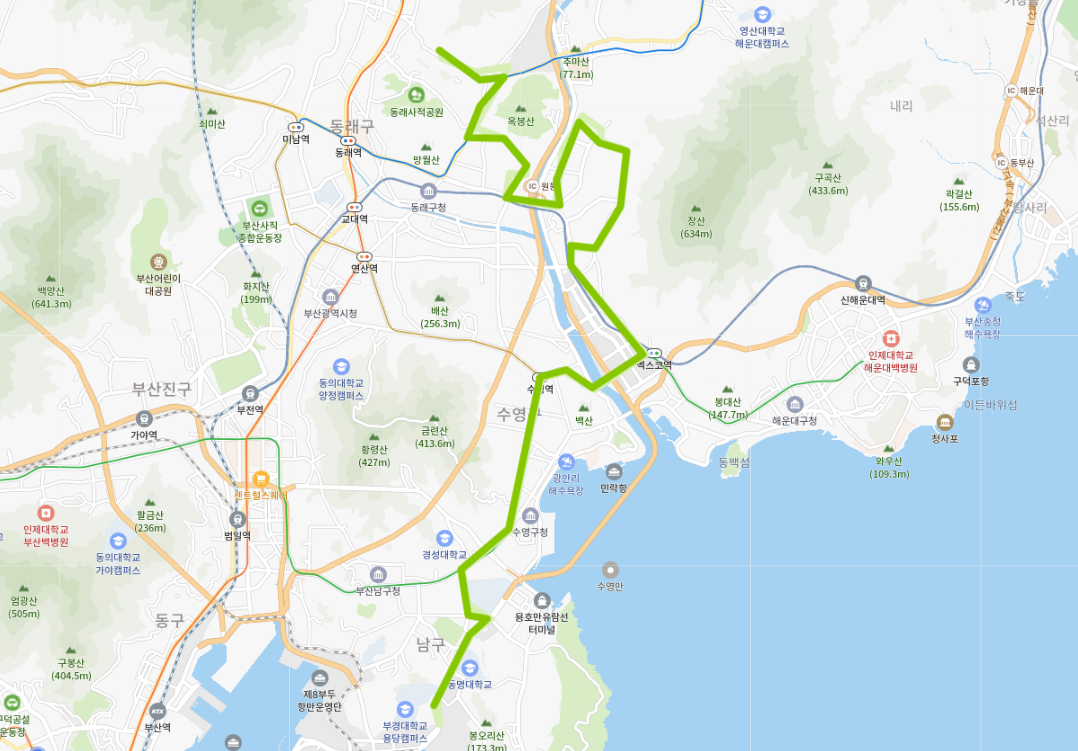  부산 155번 버스 노선, 시간표 [서동, 수영교차로,해운대, 센텀시티역, 경성대, 부경대, 동명대, 용당]
