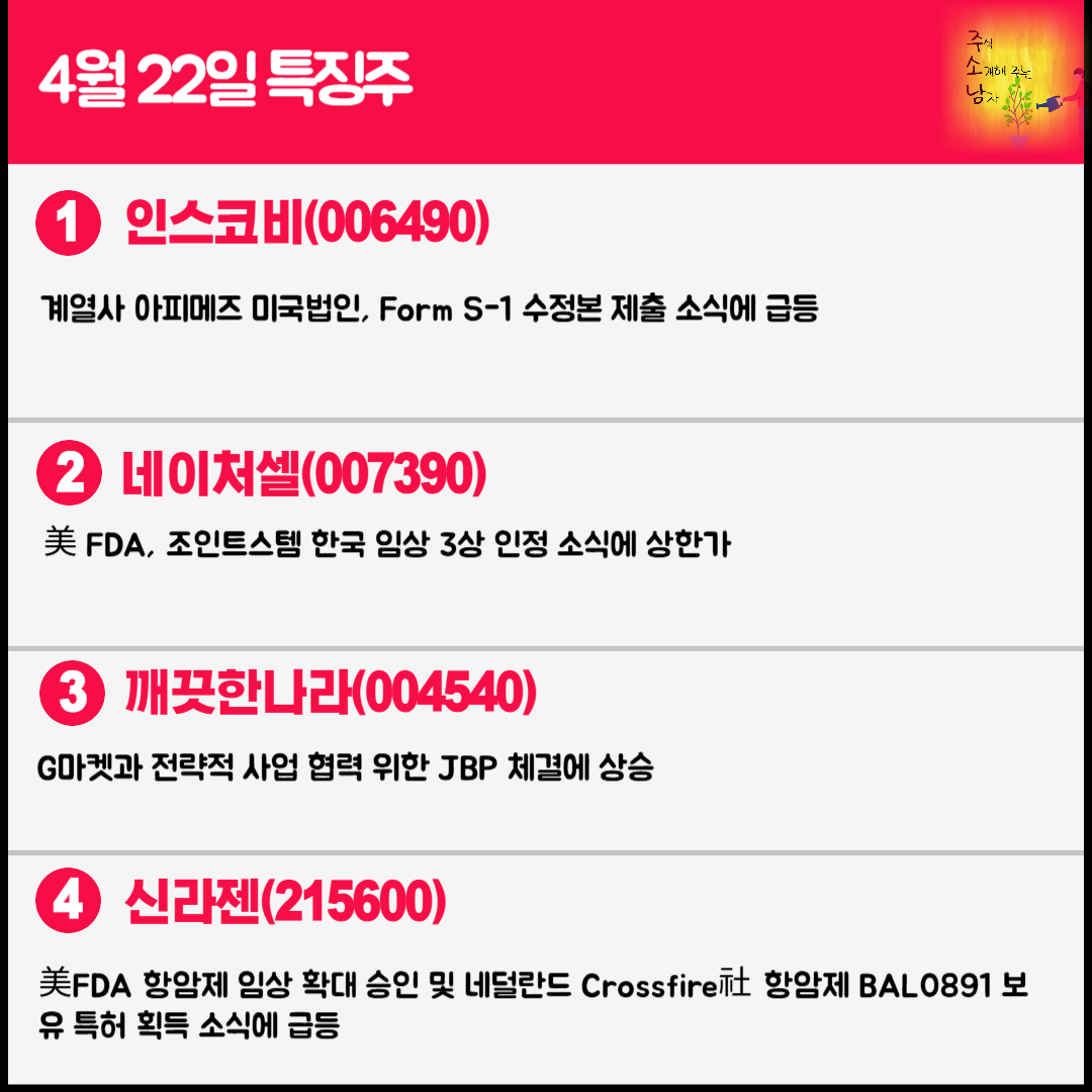 4월 22일 오늘의 특징주