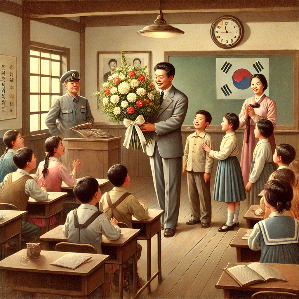 1950년대 교실에서 학생들이 선생님에게 큰 꽃다발을 선물하며 감사 인사를 전하는 모습&amp;#44; 태극기가 걸린 칠판 배경