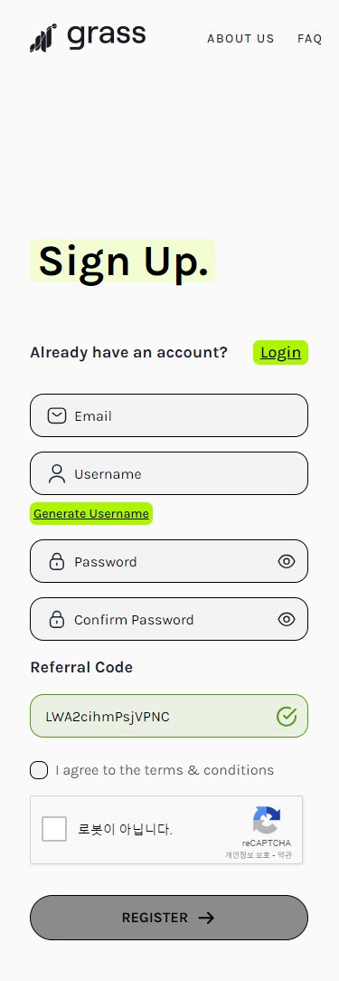 grass 코인 무료채굴 회원가입 화면