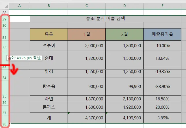 엑셀 29행부터 38행까지 선택한 모습