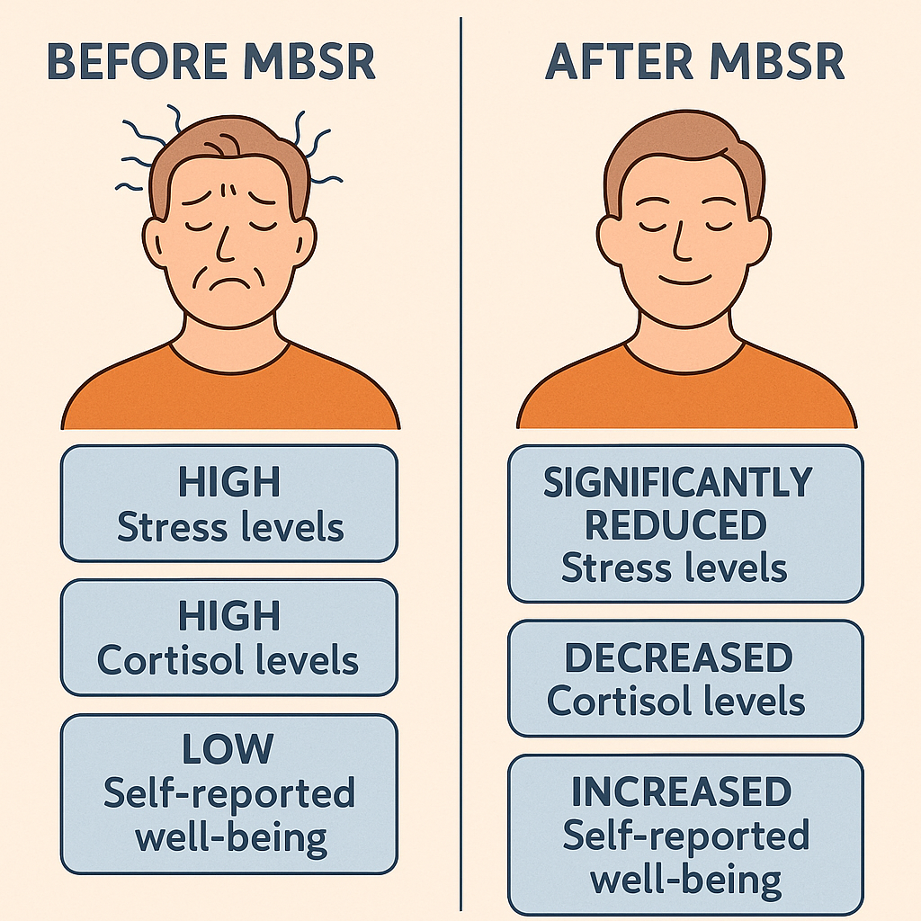 MBSR 실천 전후 스트레스와 행복감 변화를 보여주는 인포그래픽 일러스트