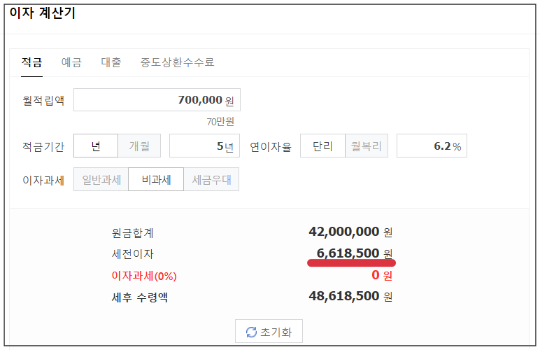 월 70만원저금시 이자계산
