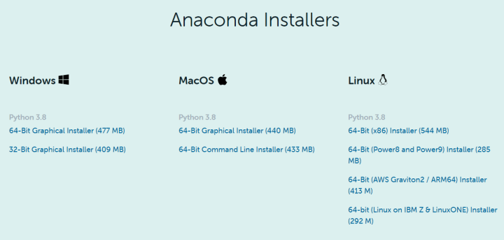 운영체제별 Anaconda 설치파일을 보여주는 사진