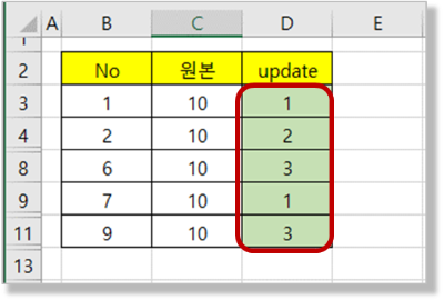 행 숨김 상태에서의 복사 대상 (update 열)