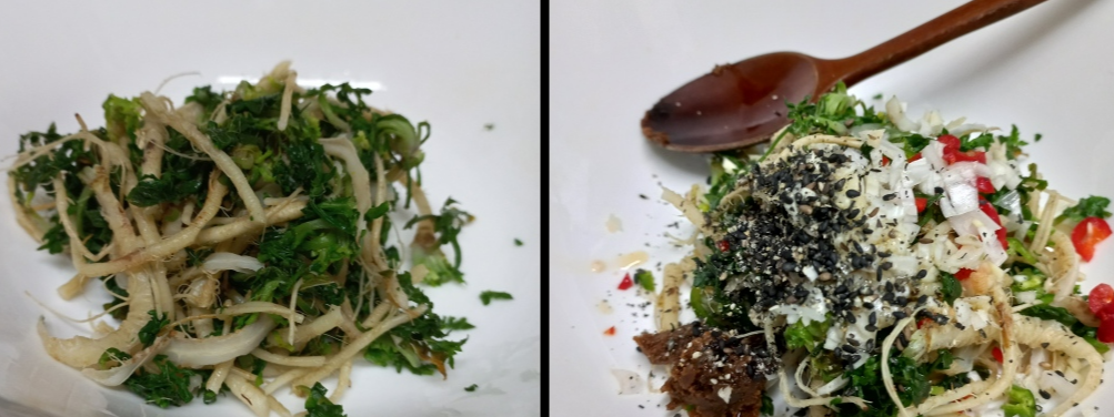 데친 냉면을 알맞게 썰어 양념한 사진