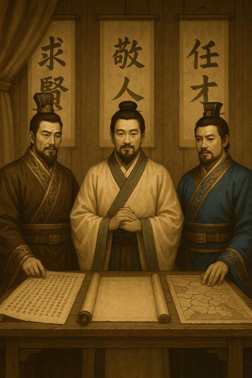 조조, 유비, 손권이 서있다. 뒤에는 등용 스타일이 적힌 책자있음