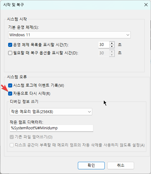 윈도우11 오류 났을 때 자동으로 재부팅 되지 않도록 설정하기 캡처 4